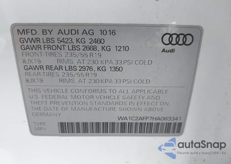 2017 Audi Q5 2.0T Premium z USA, uszkodzony, nr VIN WA1C2AFP7HA063341